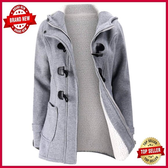 Jackets & Blazers - Warm Fleece Hooded Winter Jacket with Horn Button Closure Relaxed Fit